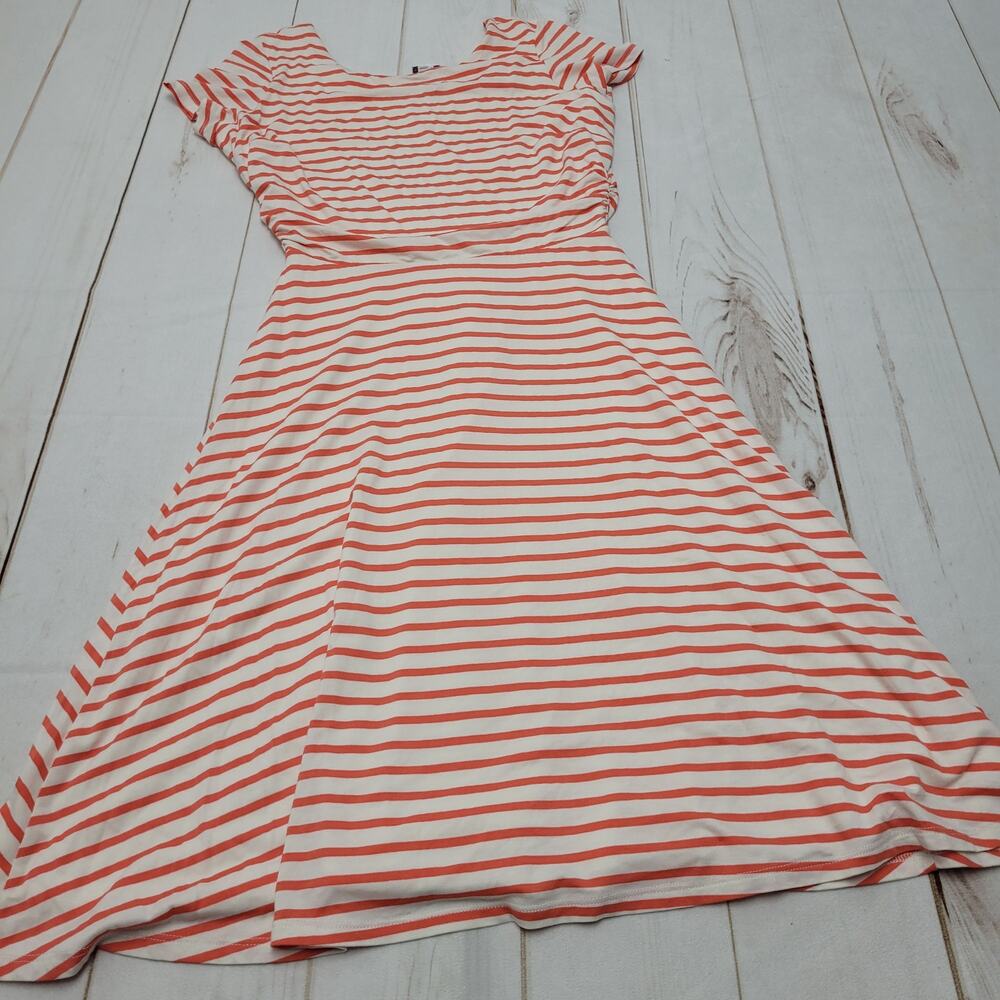 Downeast NWT gathered waist midi dress coral striped easy jersey dress modest